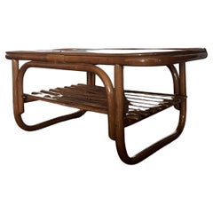 Bamboo and Glass Coffee Table – Mid-Century Boho Rattan, 1970s