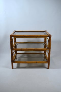 Vintage Bamboo and Smoked Glass Three-Tier Side Table, 1970s