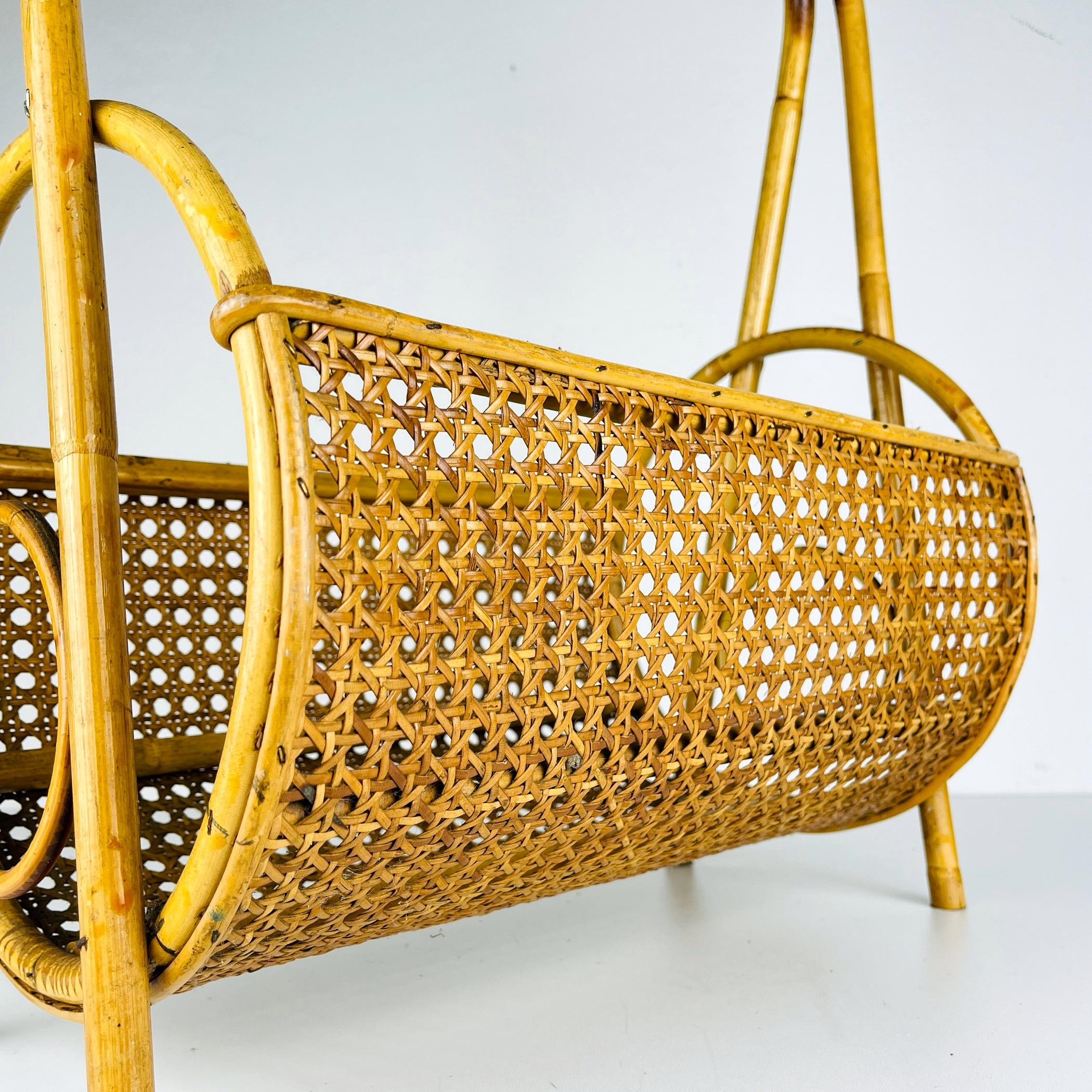 Bamboo Vintage bamboo and Vienna straw magazine rack, Italy 1960s For Sale
