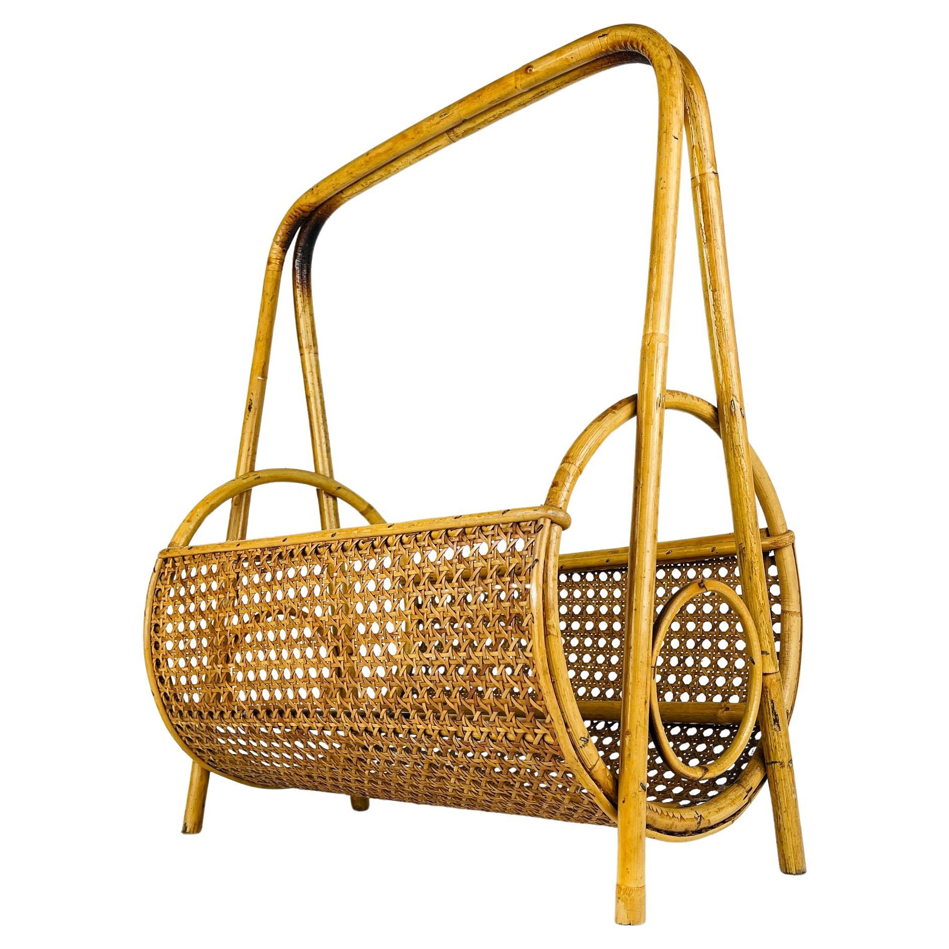 Vintage bamboo and Vienna straw magazine rack, Italy 1960s