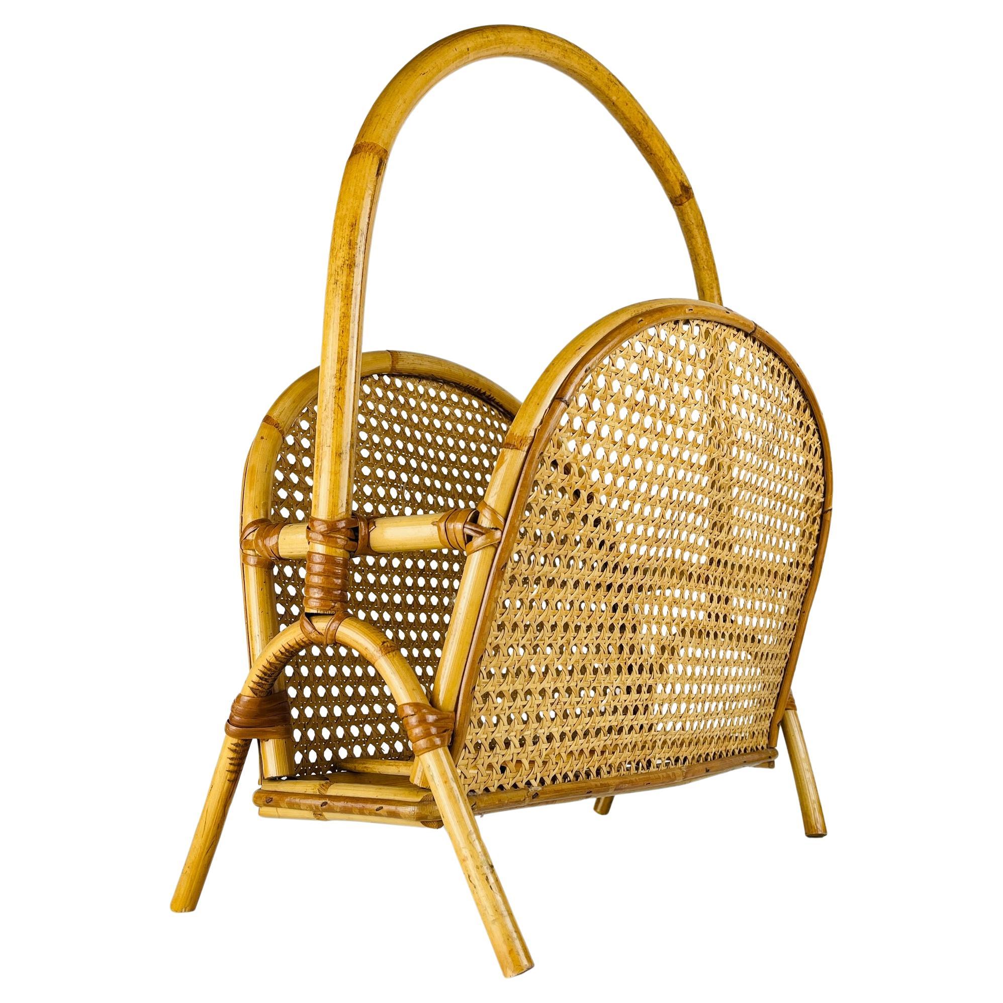 Vintage bamboo and Vienna straw magazine rack, Italy 1960s For Sale