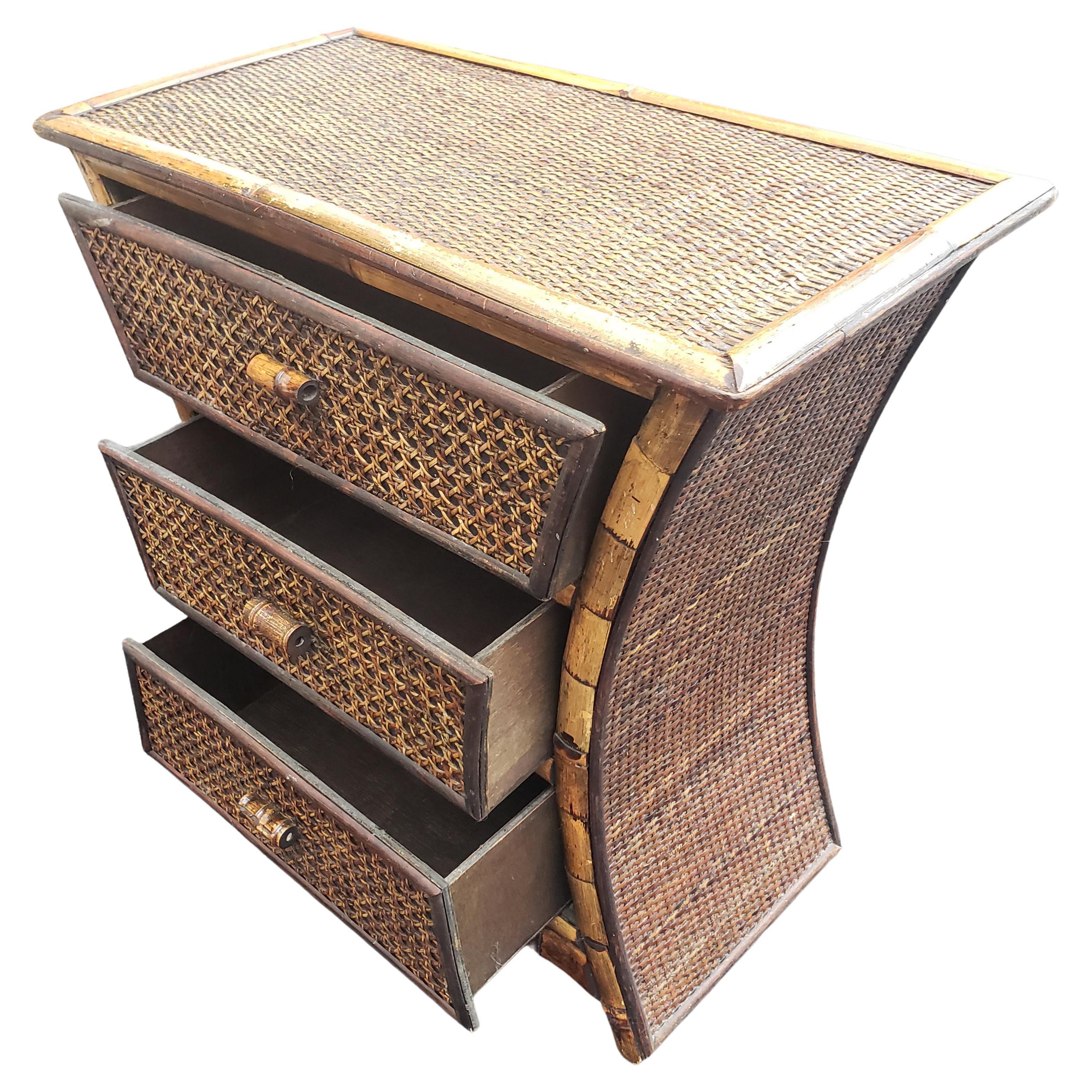Mid-Century Modern Vintage Bamboo and Wicker Side Tables Nightstands, circa 1940s, a Pair