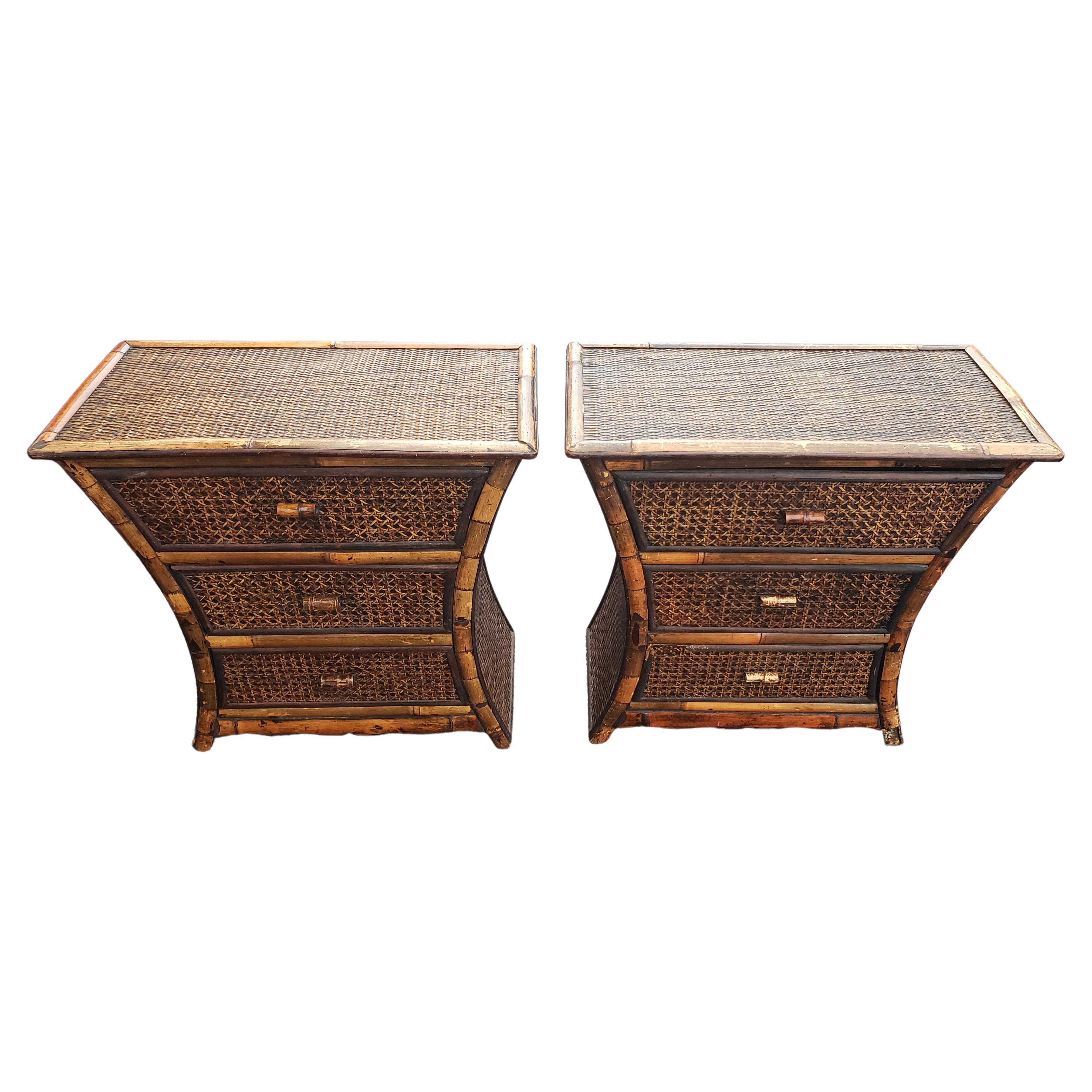 Chinese Vintage Bamboo and Wicker Side Tables Nightstands, circa 1940s, a Pair