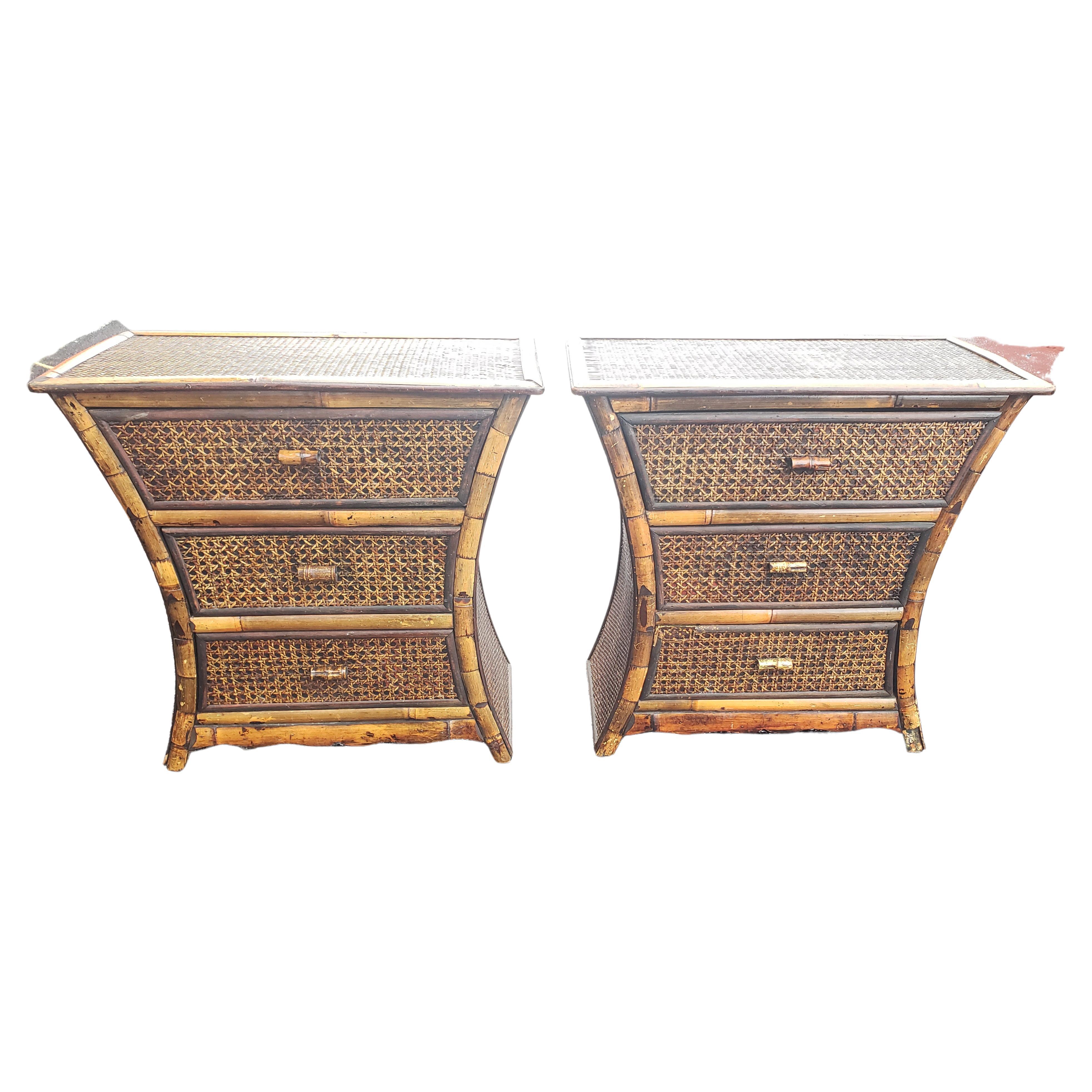 Hand-Crafted Vintage Bamboo and Wicker Side Tables Nightstands, circa 1940s, a Pair