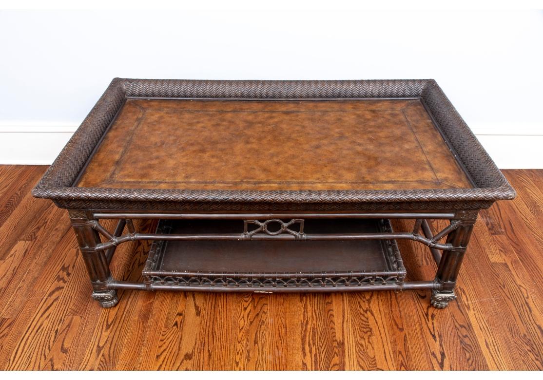 20th Century Vintage Bamboo And Woven Leather Top Cocktail Table For Sale