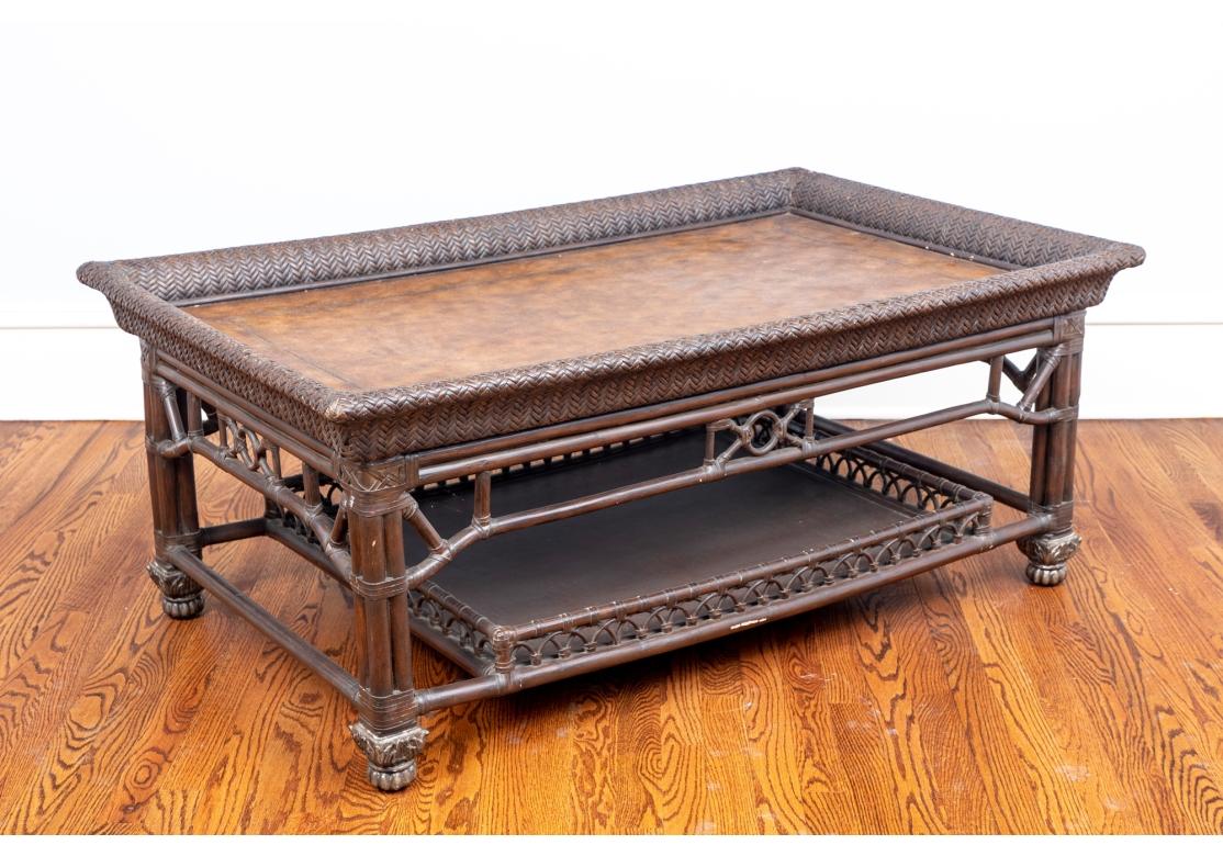 Mesa de Cocktail Vintage de Bambú y Cuero Tejido en venta 2