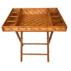 Vintage Bamboo and Woven Rattan Folding Butler Tray Stand, Coastal Campaign