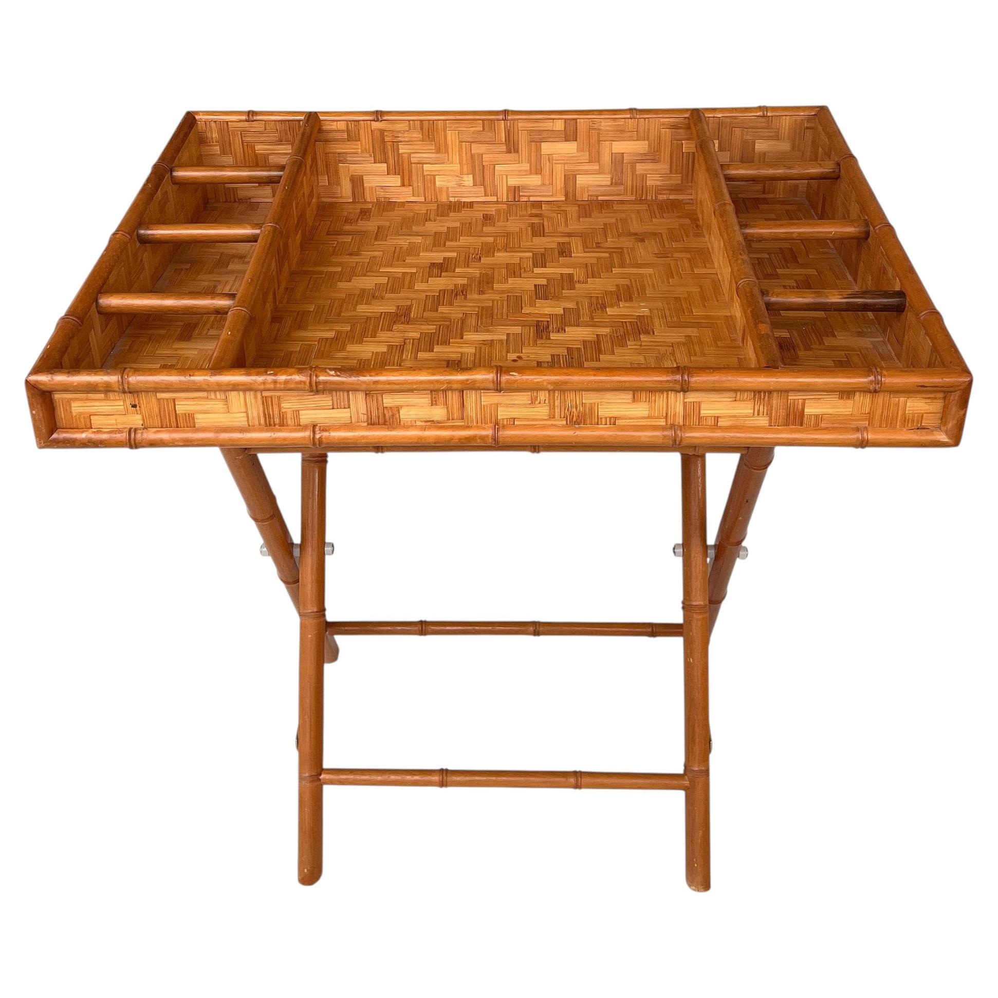 Vintage Bamboo and Woven Rattan Folding Butler Tray Stand, Coastal Campaign
