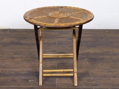 Vintage Bamboo and Woven Rattan Round Folding Side Table