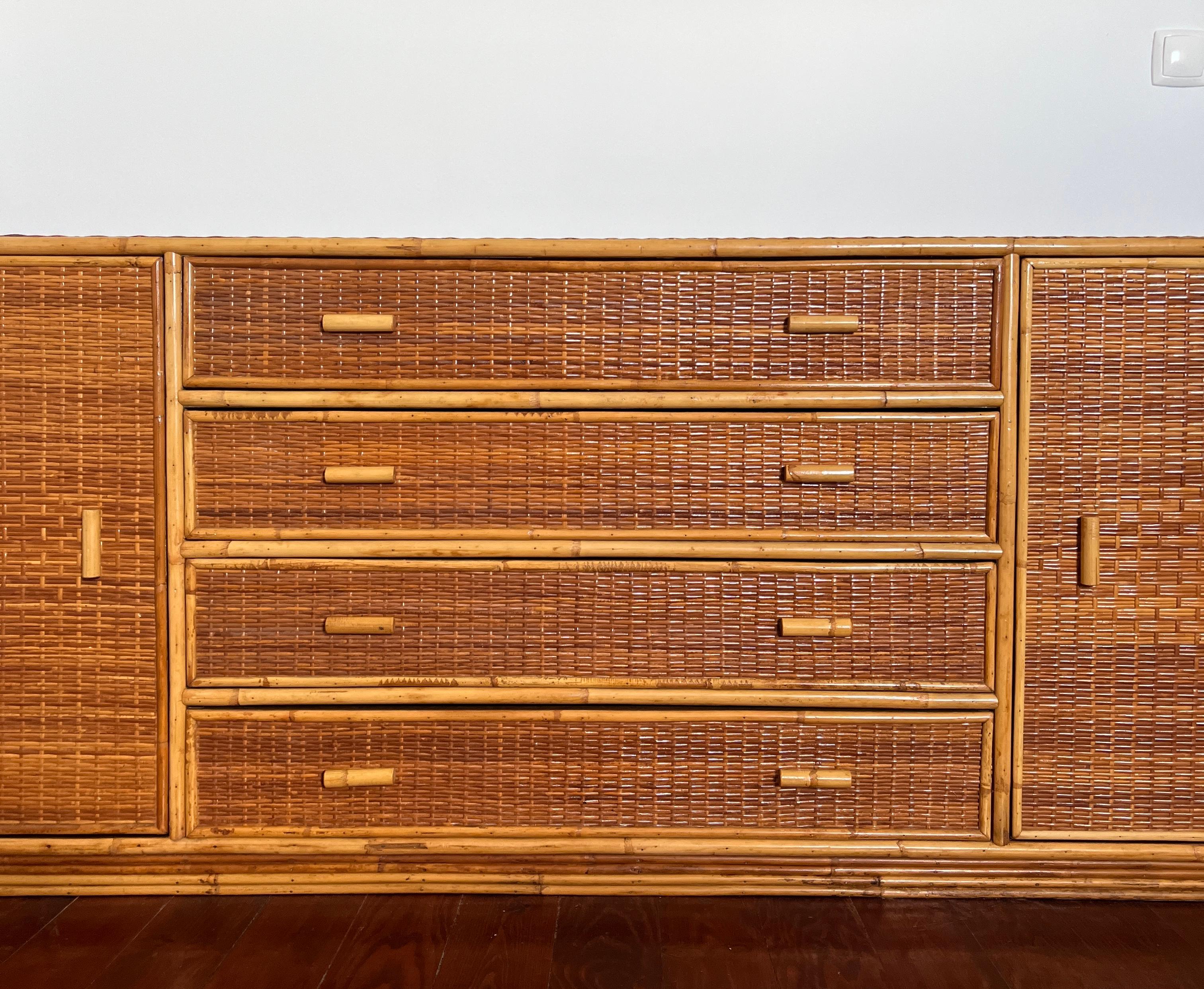 Portuguese Vintage Bamboo and Rattan Dresser – Mid-Century Tropical Sideboard, 1970s