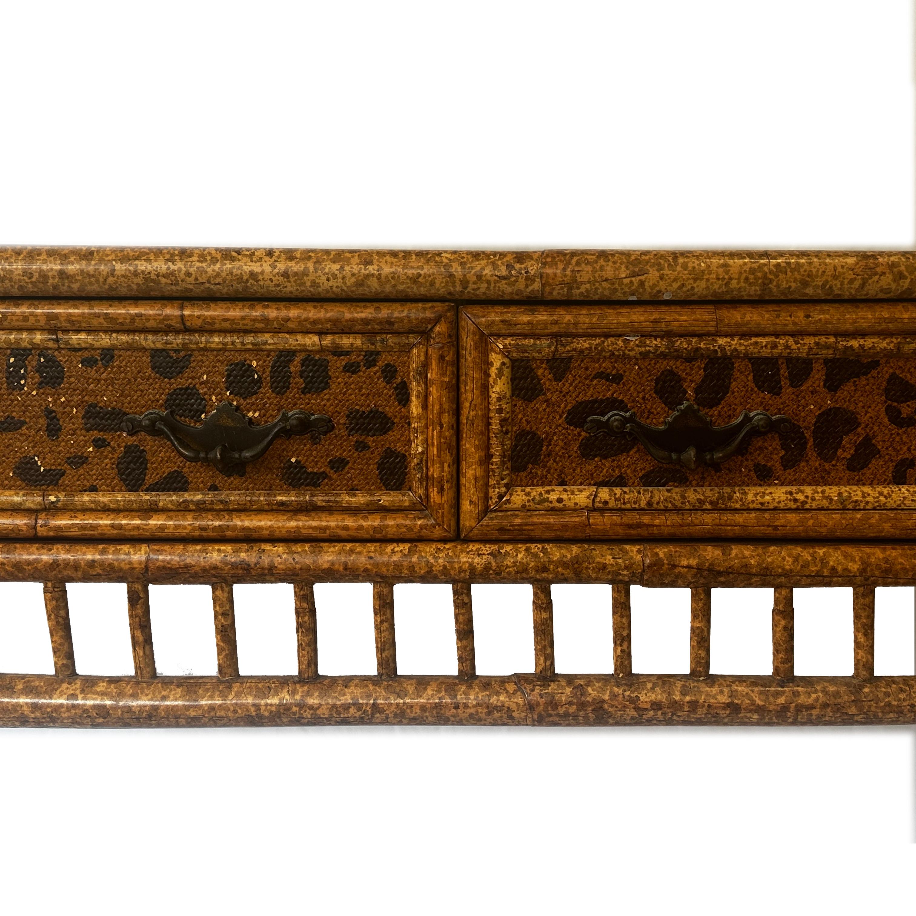 Mid-Century Modern Vintage Bamboo & Animal Print Rattan Console Table