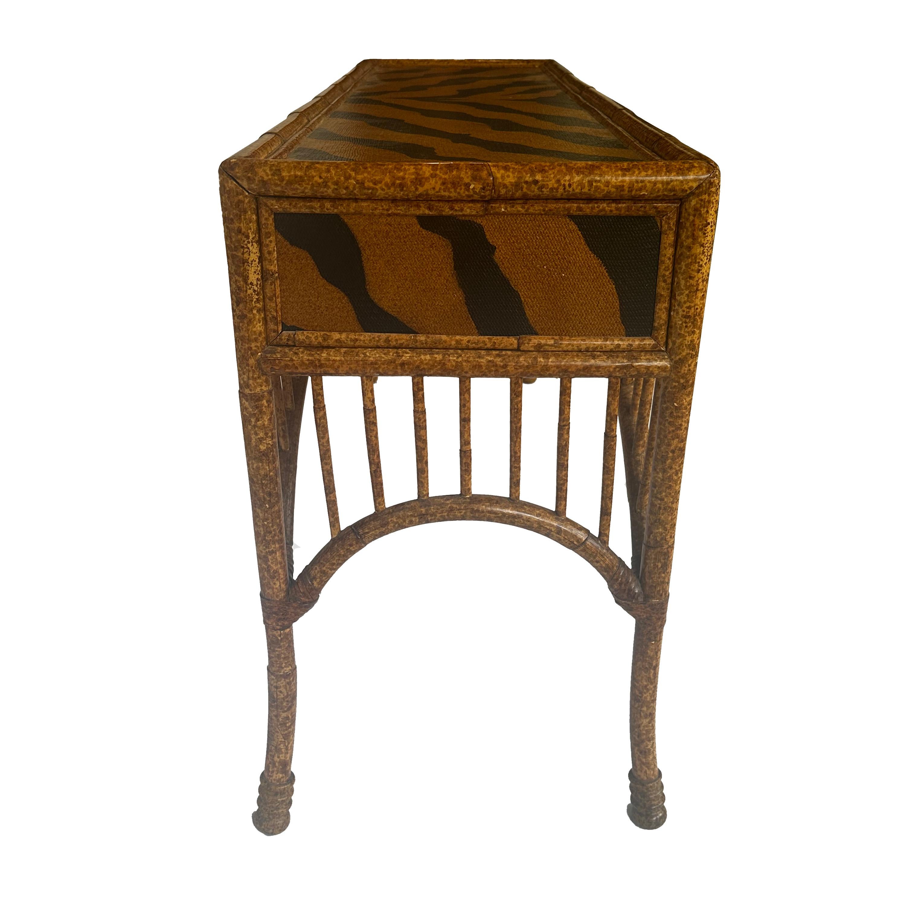 Unknown Vintage Bamboo & Animal Print Rattan Console Table