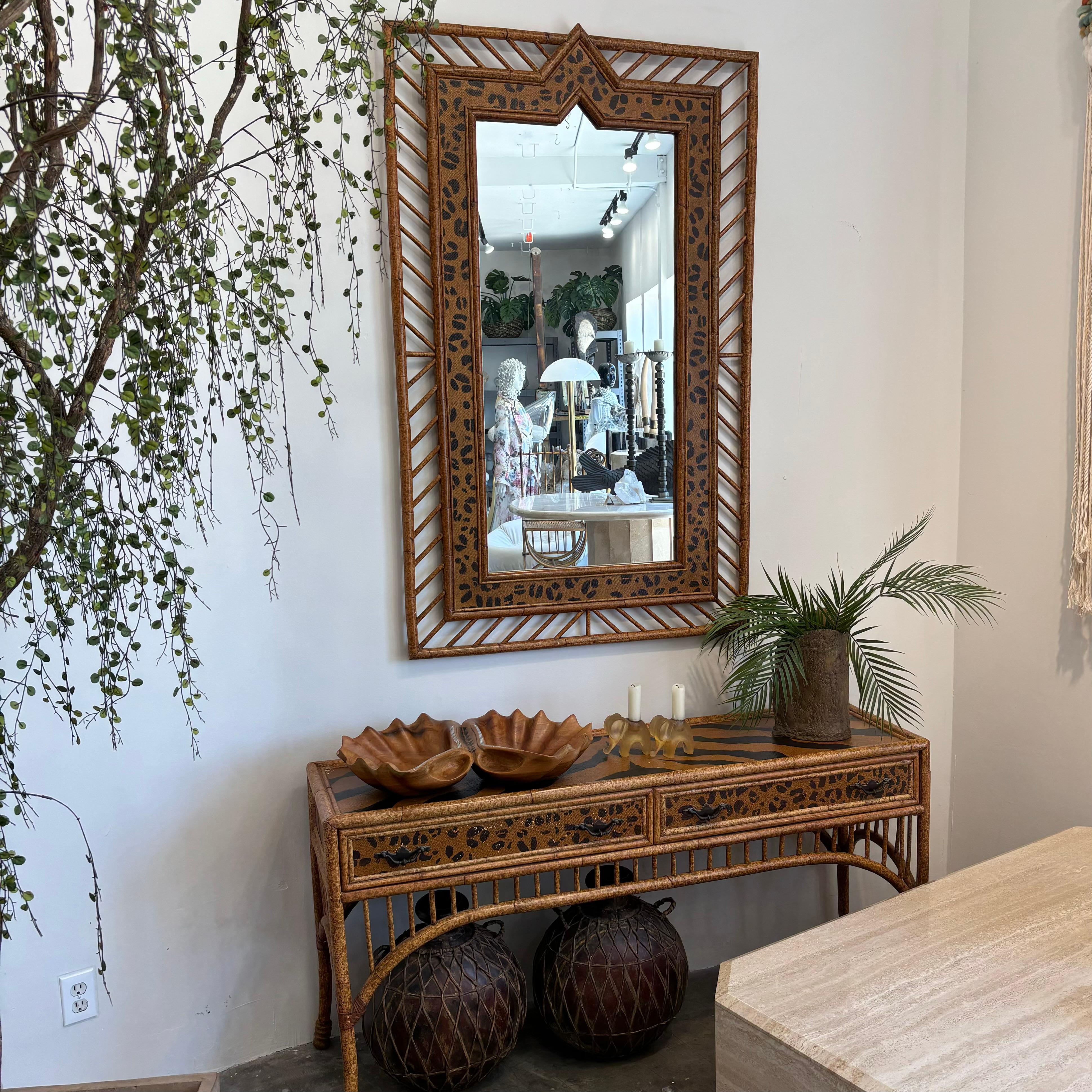 Late 20th Century Vintage Bamboo & Animal Print Rattan Console Table