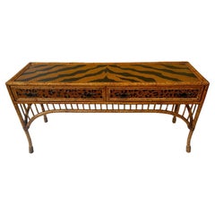 Vintage Bamboo & Animal Print Rattan Console Table