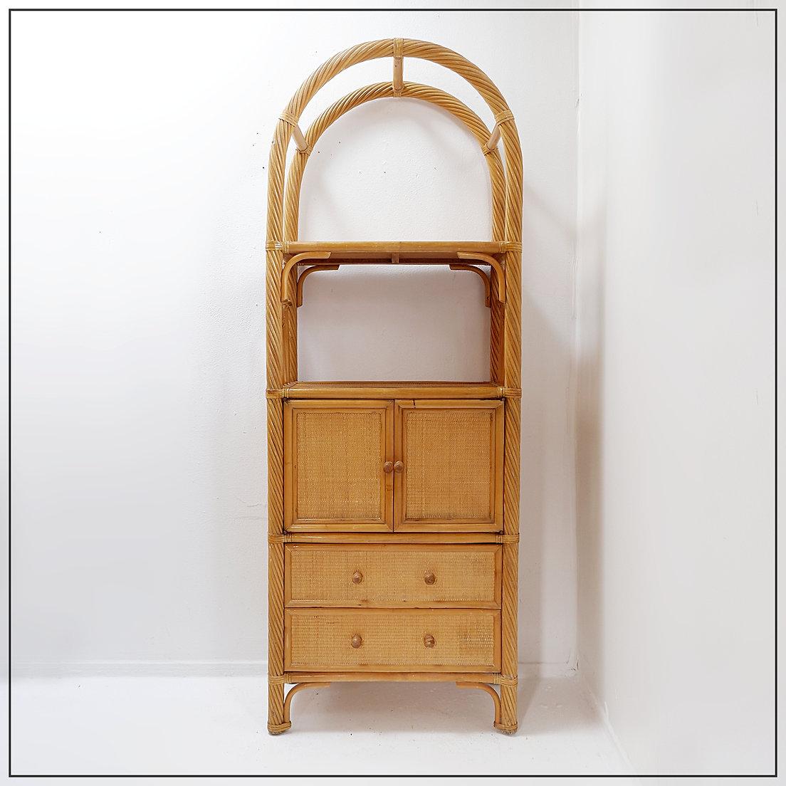 Libreria ad arco in bambù vintage con cassetti, anni '80 in vendita 9
