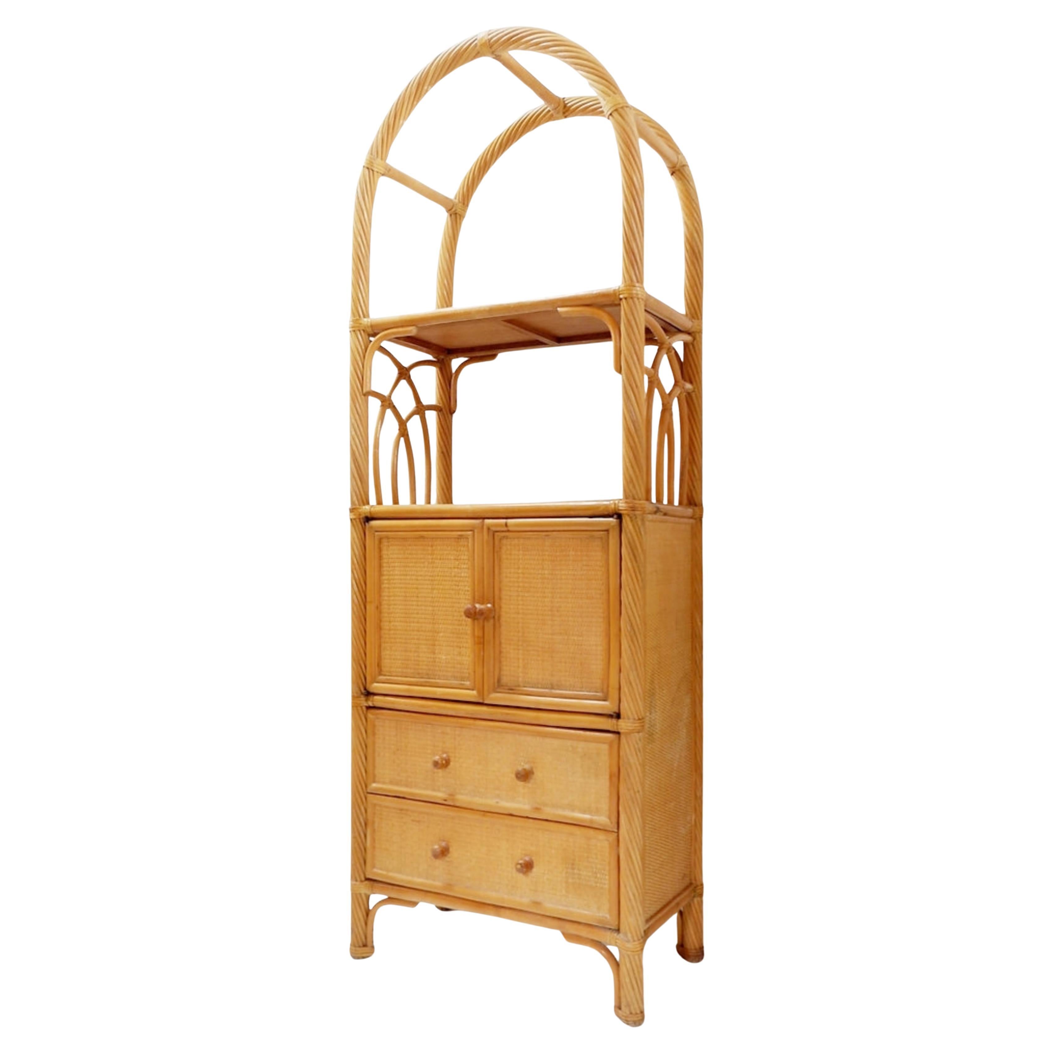Libreria ad arco in bambù vintage con cassetti, anni '80