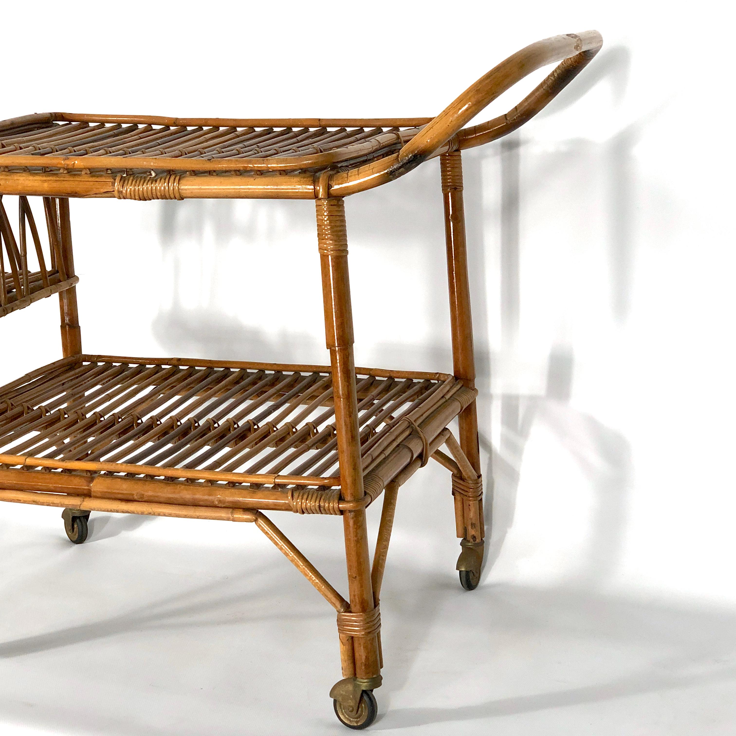 Great vintage condition for this bar cart made from bamboo and produced in Italy during the 50s.