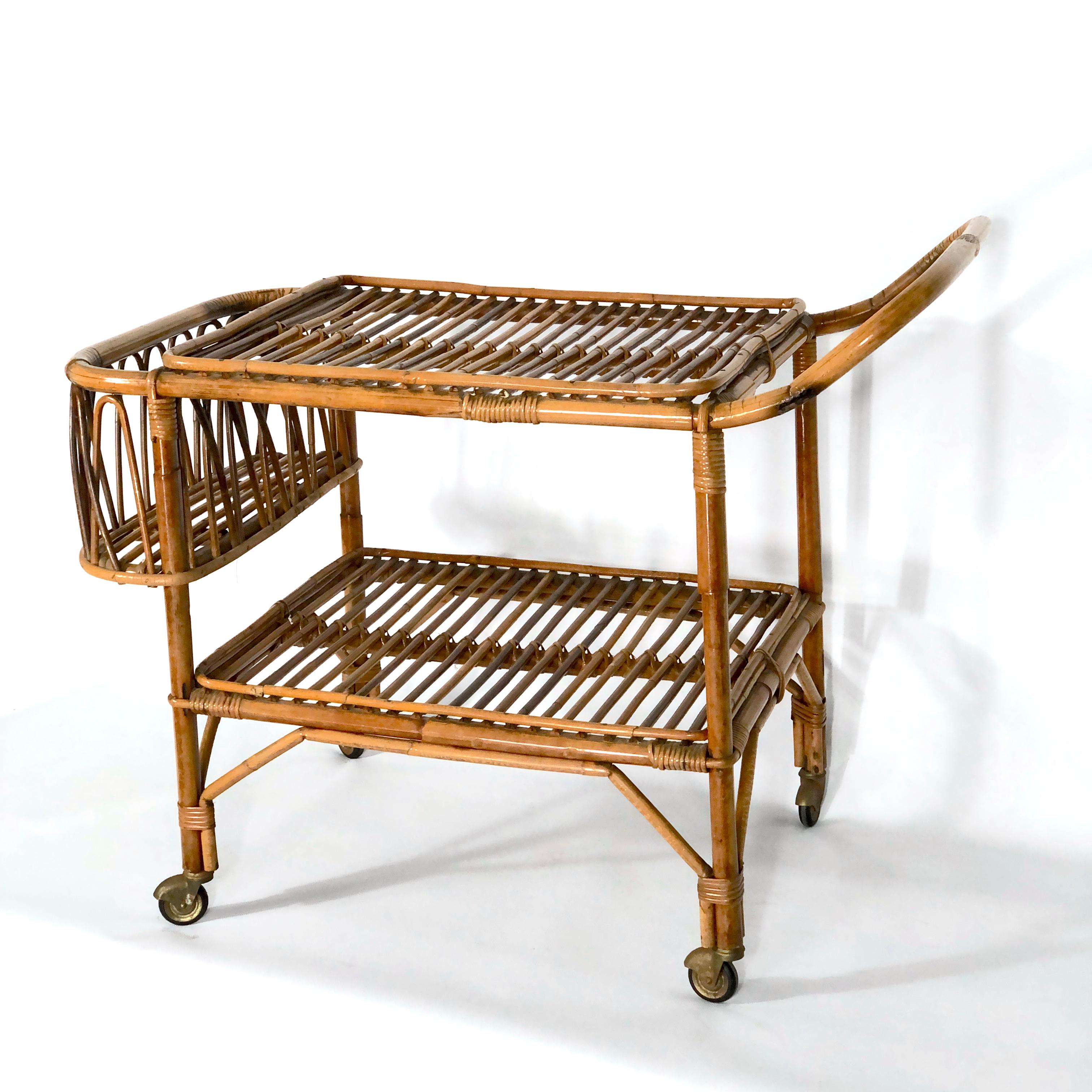 Italian Vintage Bamboo Bar Trolley from 50s, Made in Italy For Sale