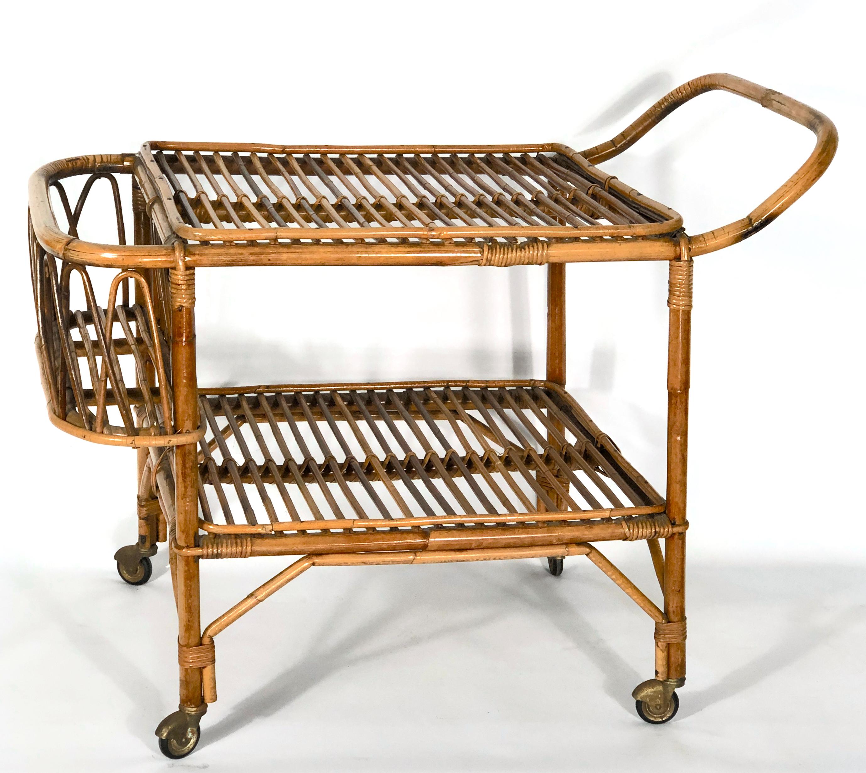 Vintage Bamboo Bar Trolley from 50s, Made in Italy In Good Condition For Sale In Catania, CT