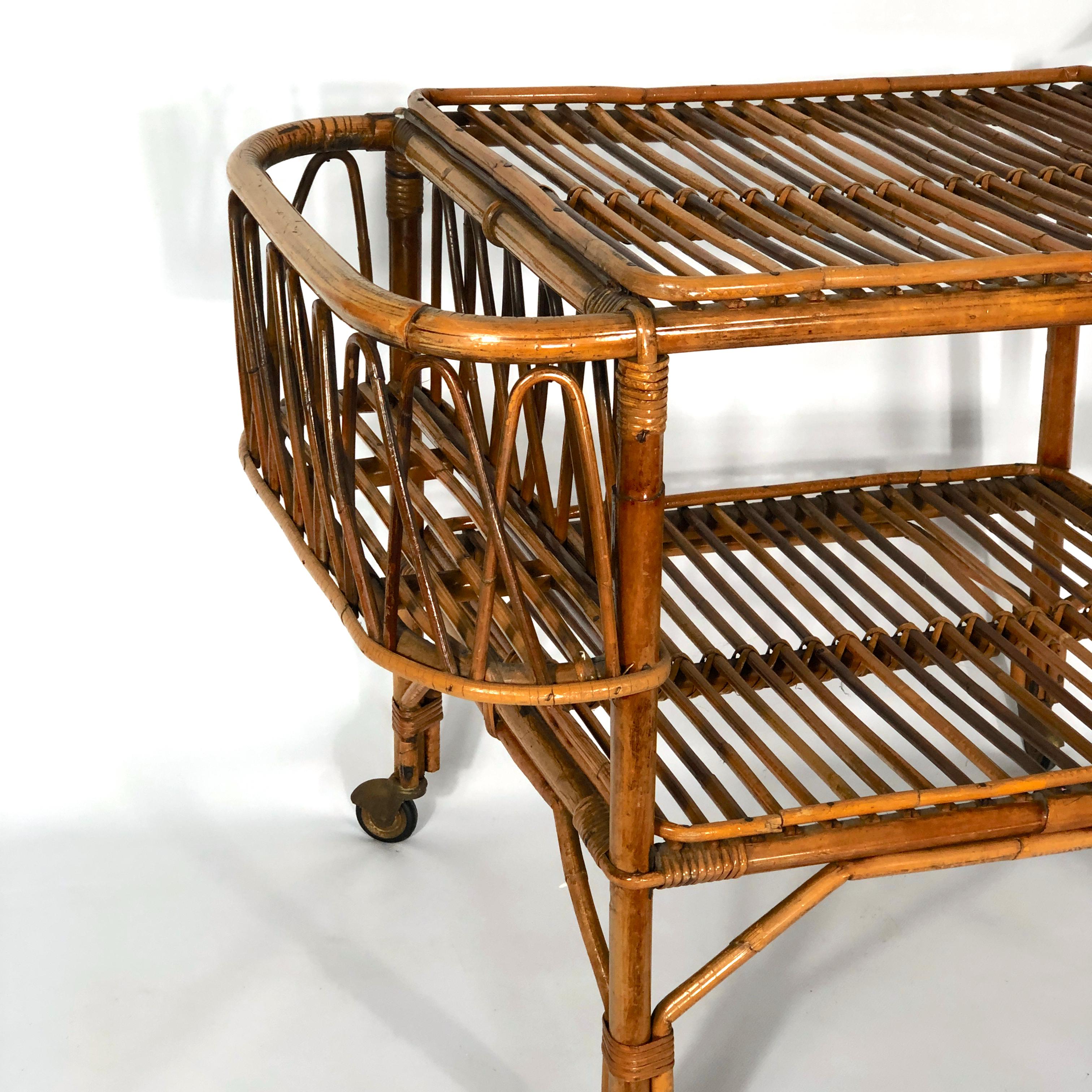20th Century Vintage Bamboo Bar Trolley from 50s, Made in Italy For Sale