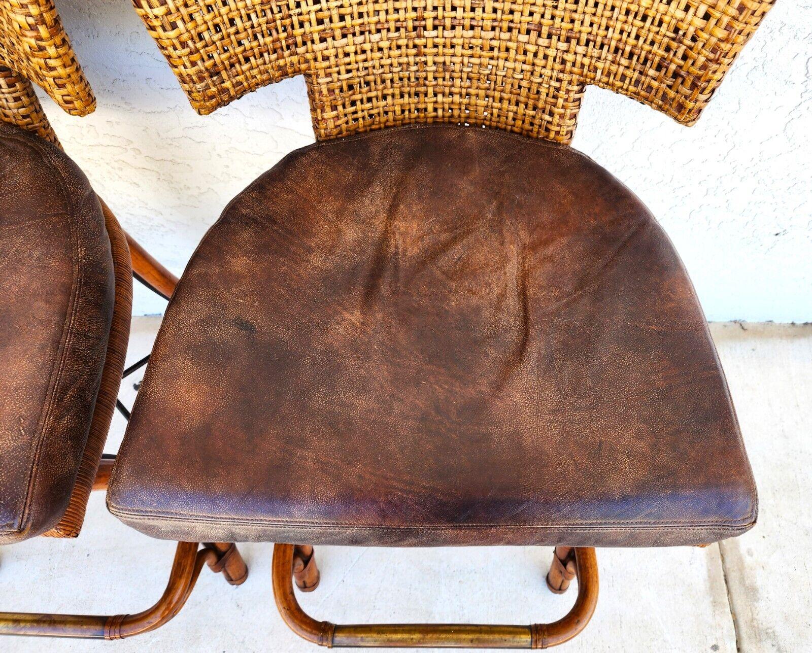 Kreiss Bamboo Barstools Leather  In Good Condition For Sale In Lake Worth, FL
