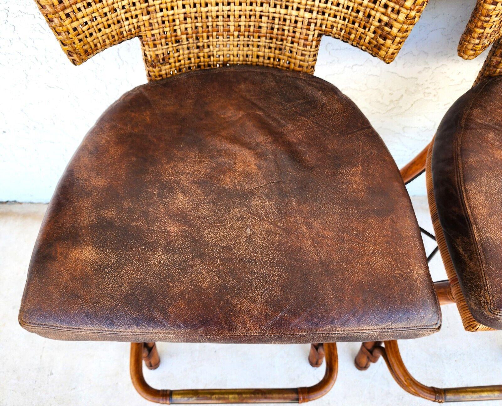 Late 20th Century Kreiss Bamboo Barstools Leather  For Sale
