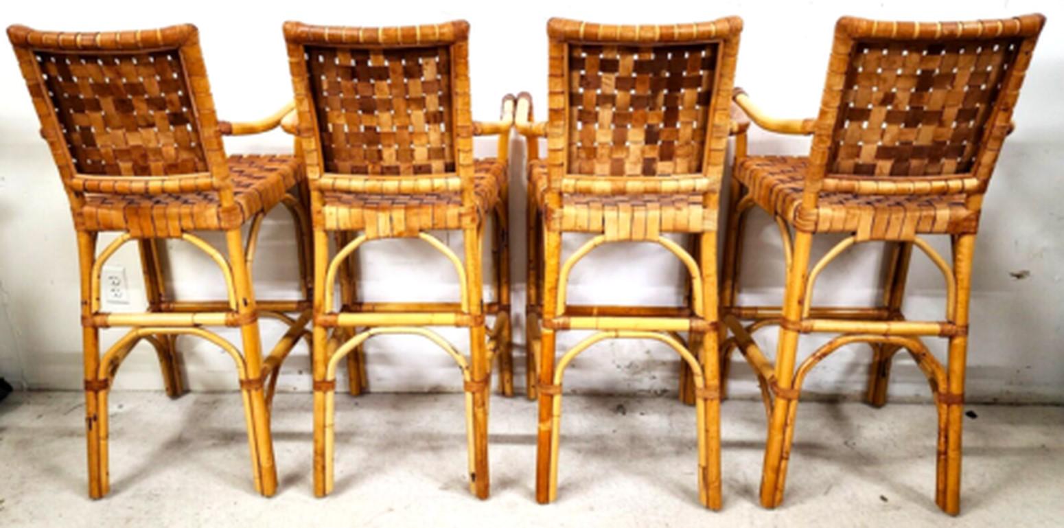 Vintage Bamboo Barstools Rattan Leather Rawhide Set of 4 5