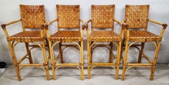 Vintage Bambus Barhocker Rattan Leder Rohhaut Satz von 4