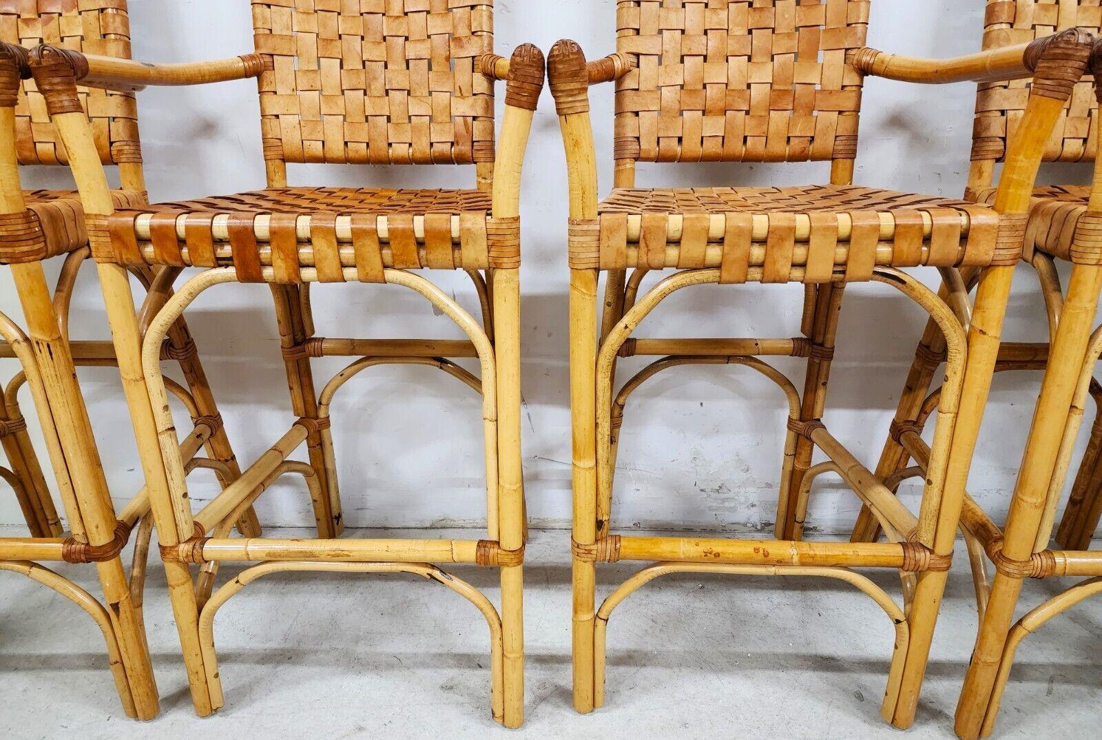 Mid-Century Modern Vintage Bamboo Barstools Rattan Leather Rawhide Set of 4