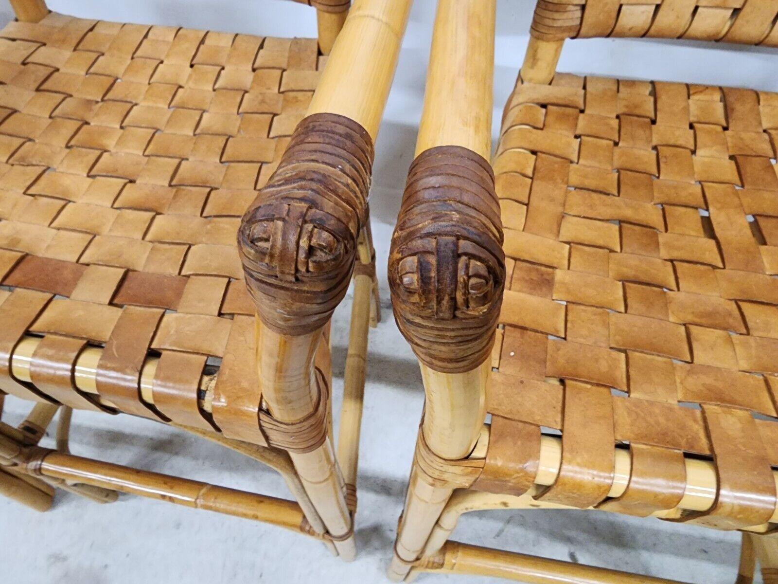 Vintage Bamboo Barstools Rattan Leather Rawhide Set of 4 In Good Condition In Lake Worth, FL