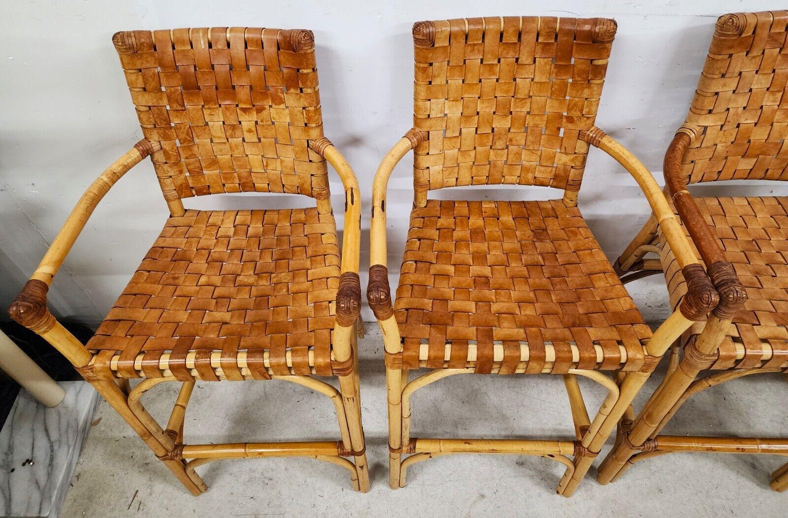 Late 20th Century Vintage Bamboo Barstools Rattan Leather Rawhide Set of 4