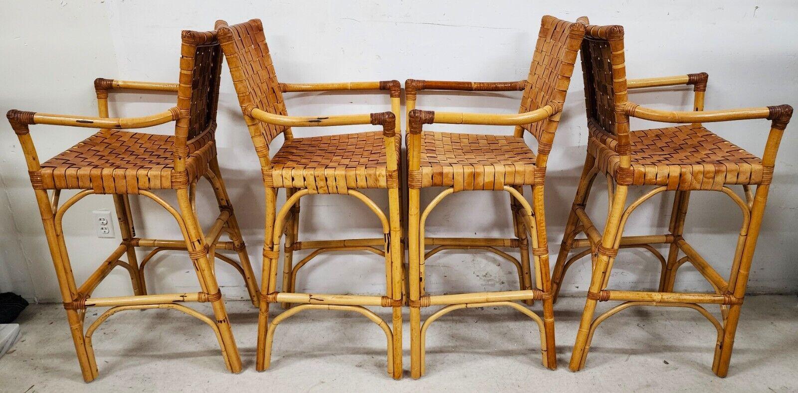 Vintage Bamboo Barstools Rattan Leather Rawhide Set of 4 1