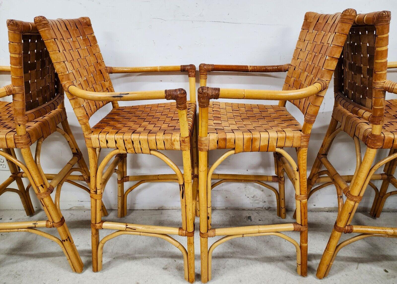 Vintage Bamboo Barstools Rattan Leather Rawhide Set of 4 2