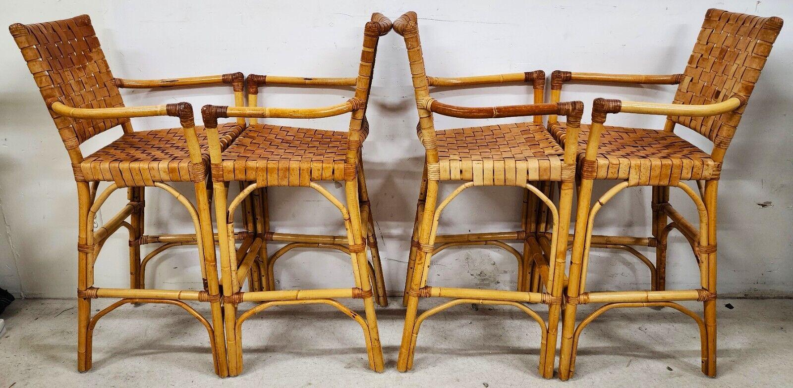 Vintage Bamboo Barstools Rattan Leather Rawhide Set of 4 3