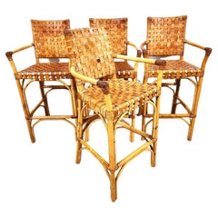 Vintage Bamboo Barstools Rattan Leather Rawhide Set of 4