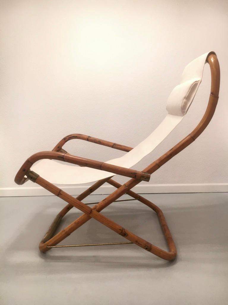 Italian Vintage Bamboo and Brass Folding Lounge Chair, Italy, 1960s