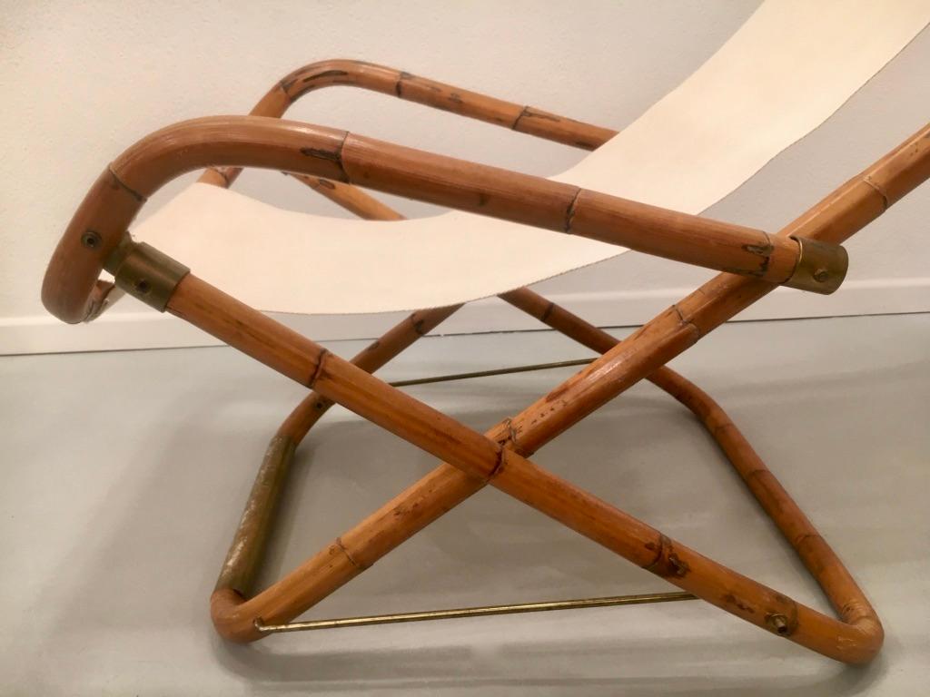 Vintage Bamboo and Brass Folding Lounge Chair, Italy, 1960s In Good Condition In Geneva, CH
