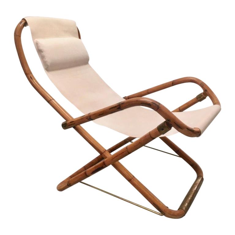 Vintage Bamboo and Brass Folding Lounge Chair, Italy, 1960s