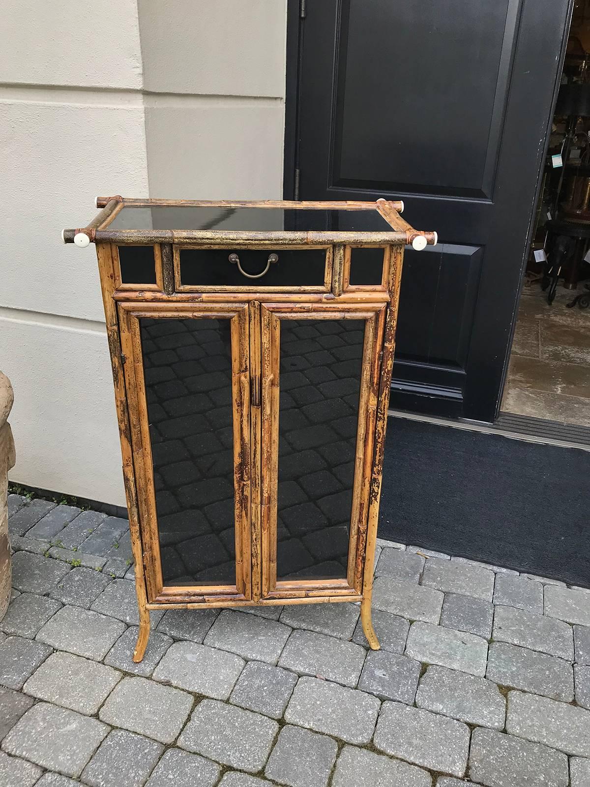 Vintage Bamboo Cabinet, Glass Panels, One Drawer 12