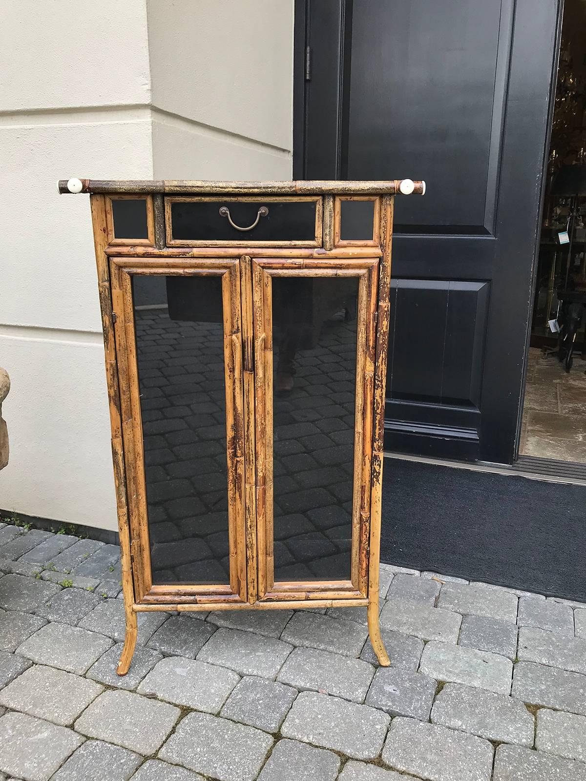 Vintage bamboo cabinet with shelves, glass panels, one drawer - 10