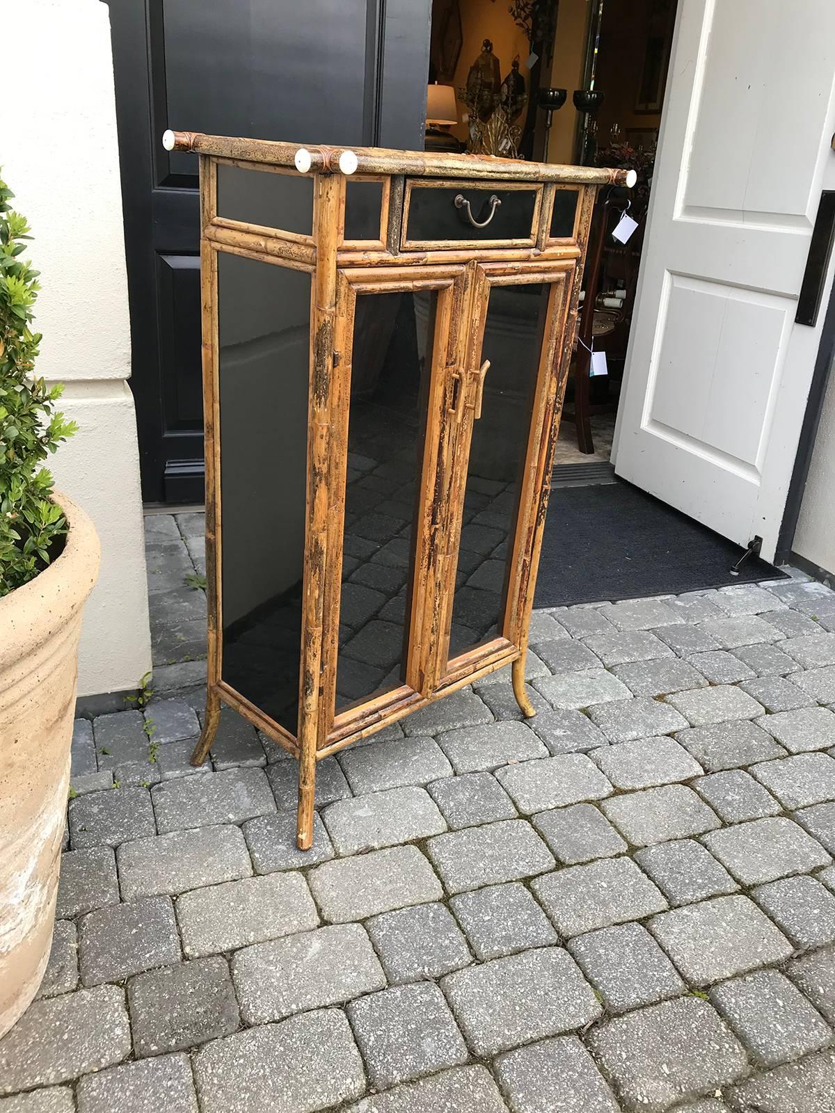 20th Century Vintage Bamboo Cabinet, Glass Panels, One Drawer