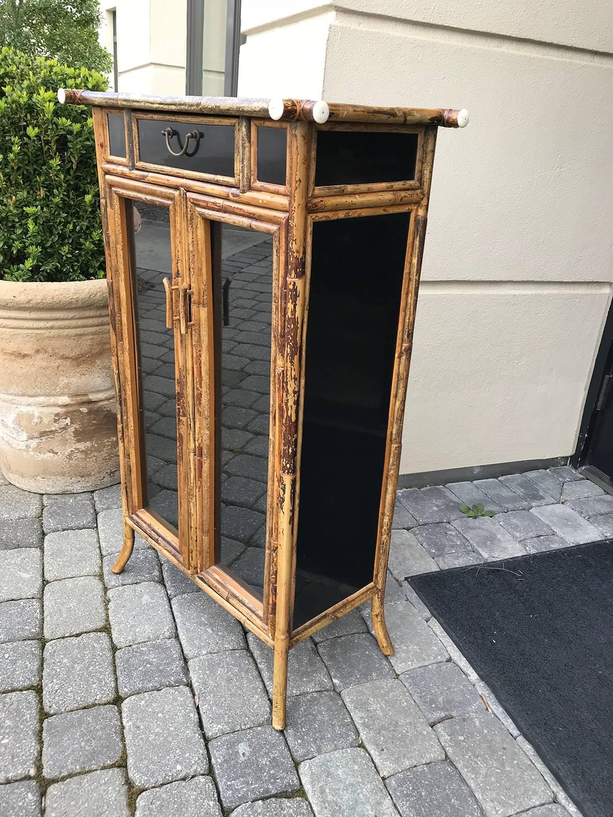 Vintage Bamboo Cabinet, Glass Panels, One Drawer 1