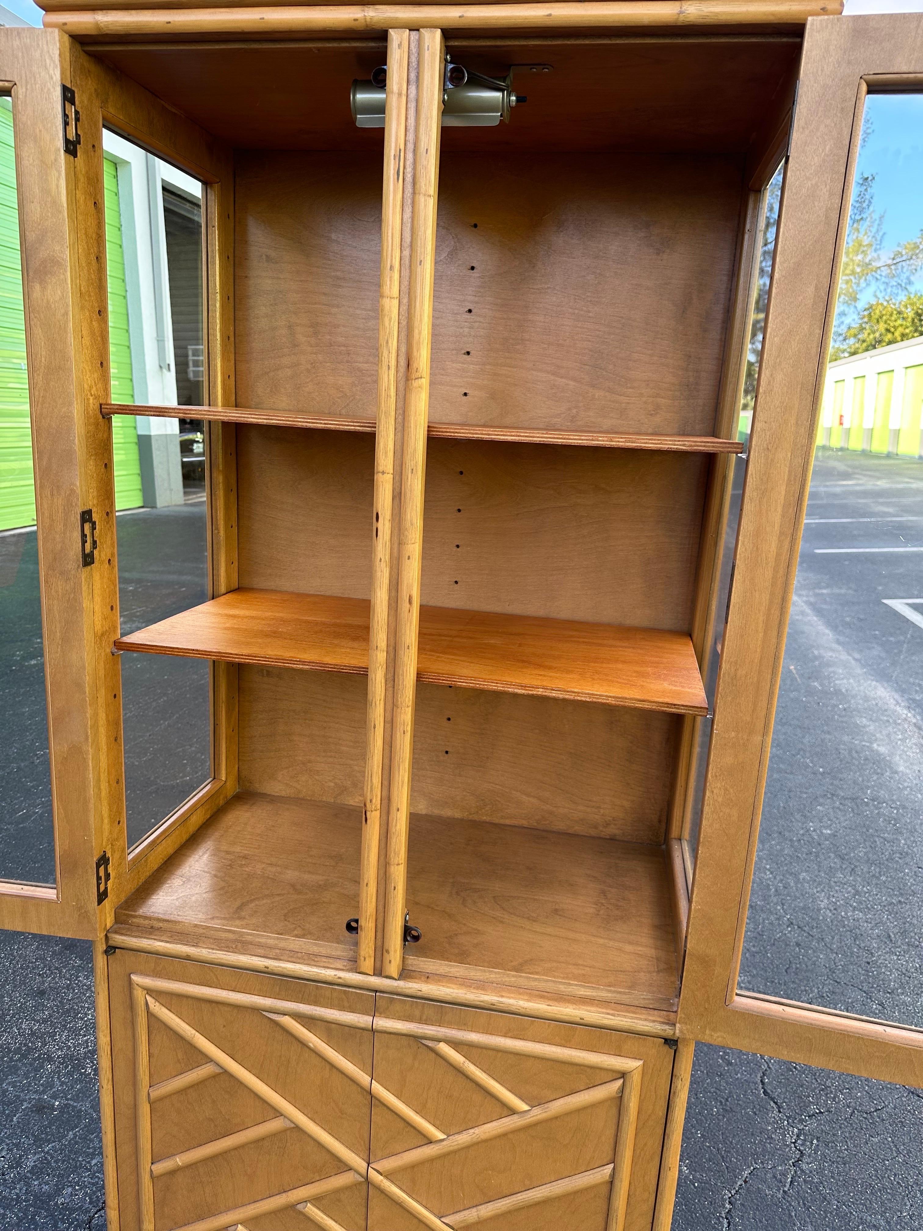 Late 20th Century Vintage Bamboo China Cabinet in the manner of Ficks Reed Rattan