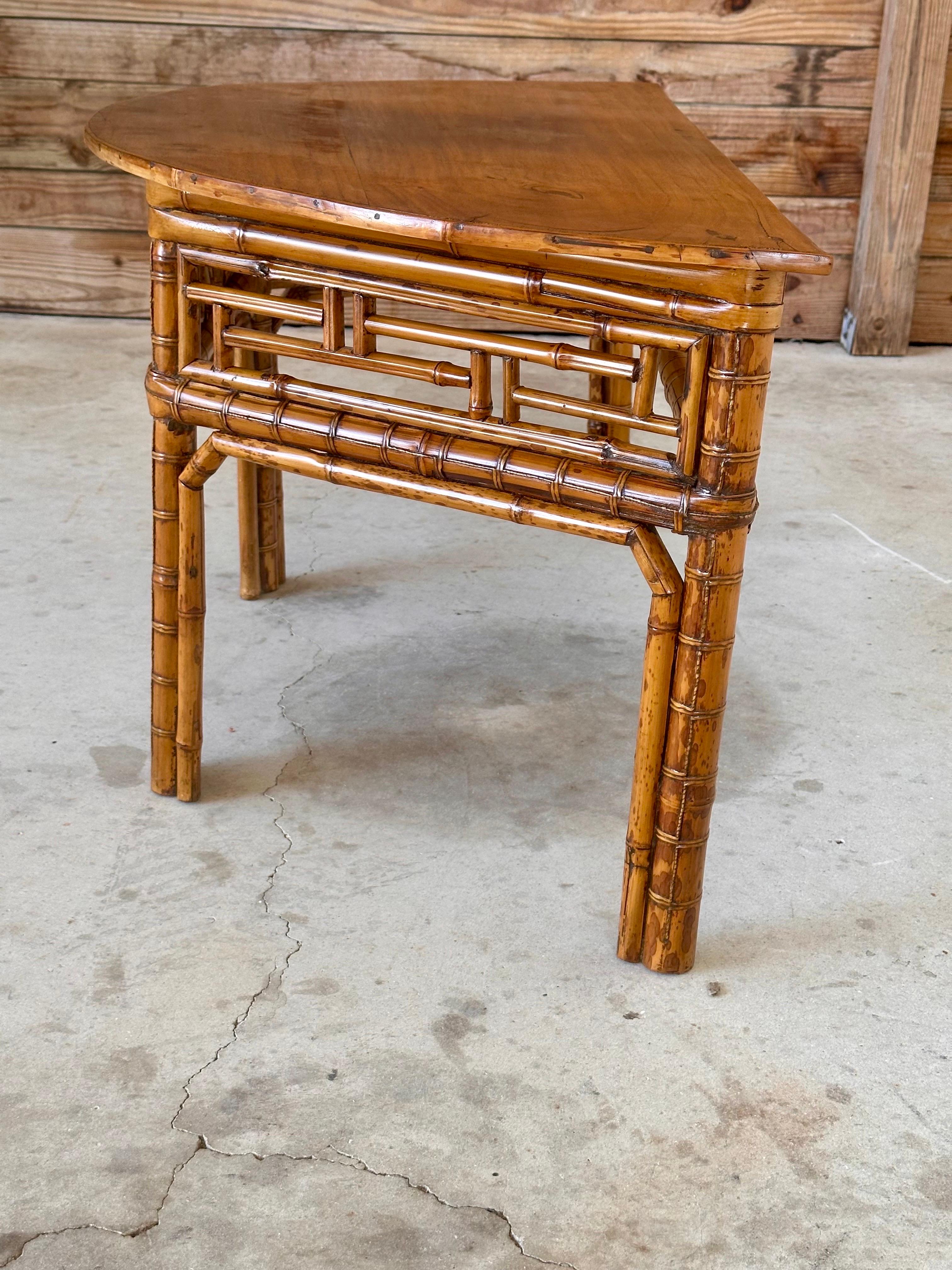 Vintage Bamboo Chinese Style Demi-Lune Center Table with Open Fretwork Design For Sale 3