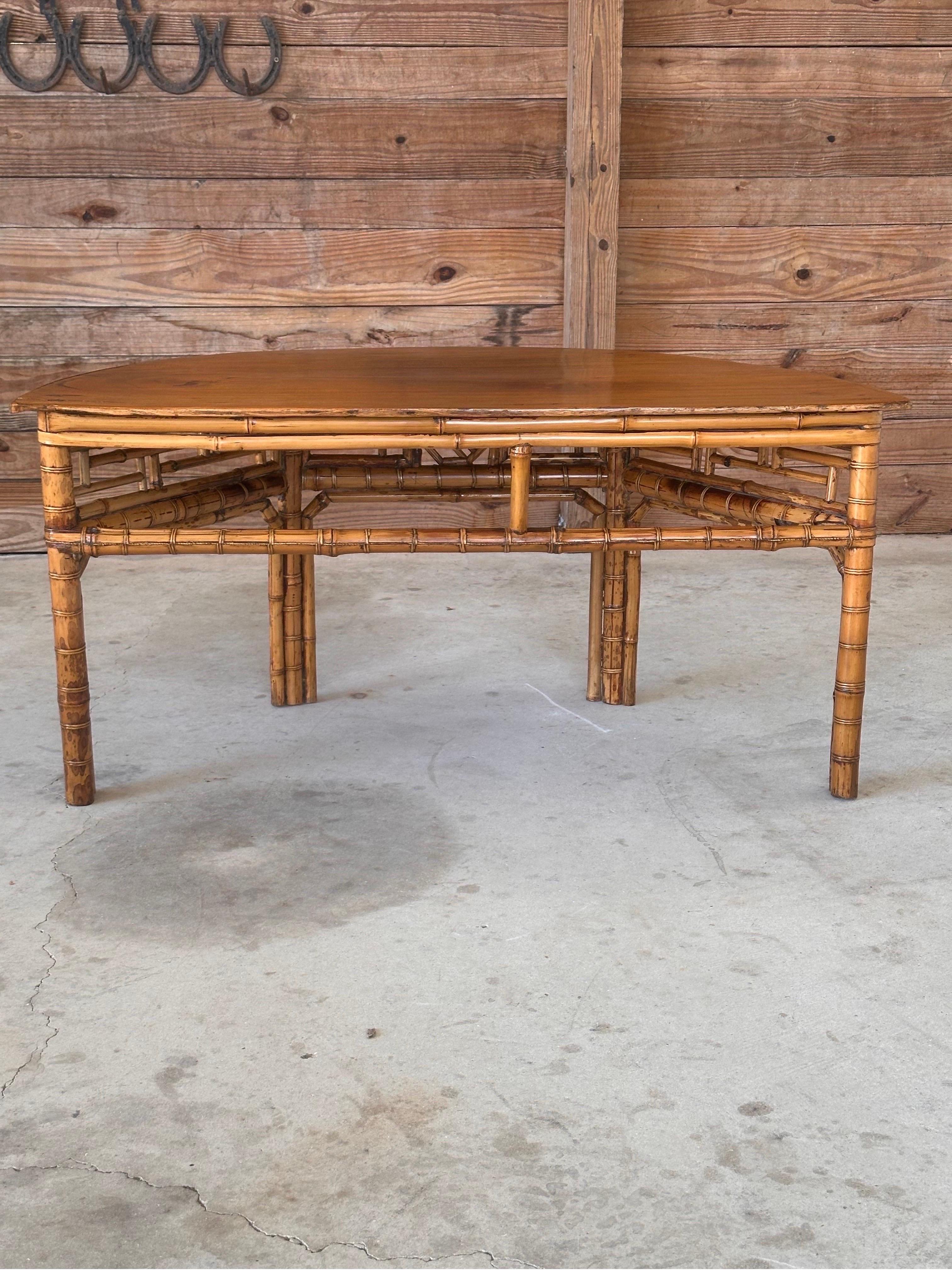 Vintage Bamboo Chinese Style Demi-Lune Center Table with Open Fretwork Design For Sale 4