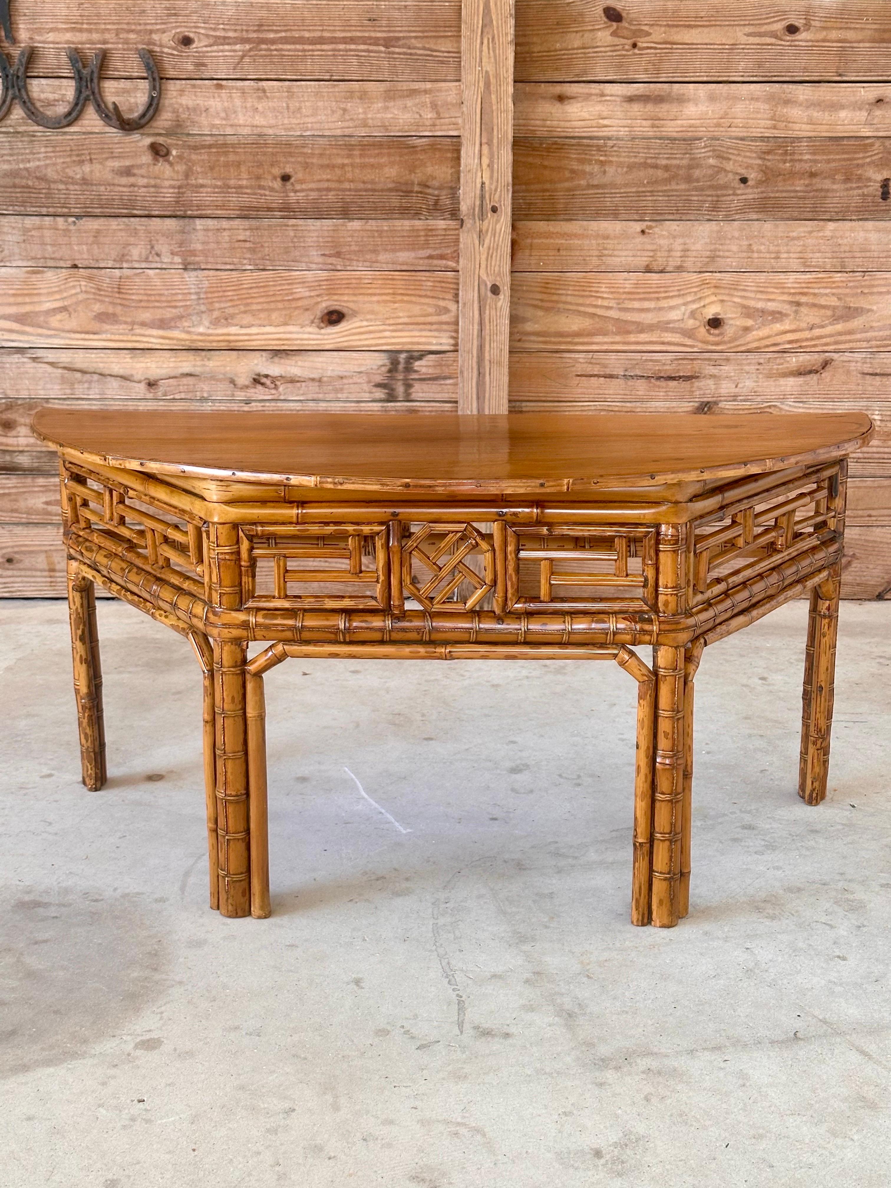 Vintage Bamboo Chinese Style Demi-Lune Center Table with Open Fretwork Design For Sale 5