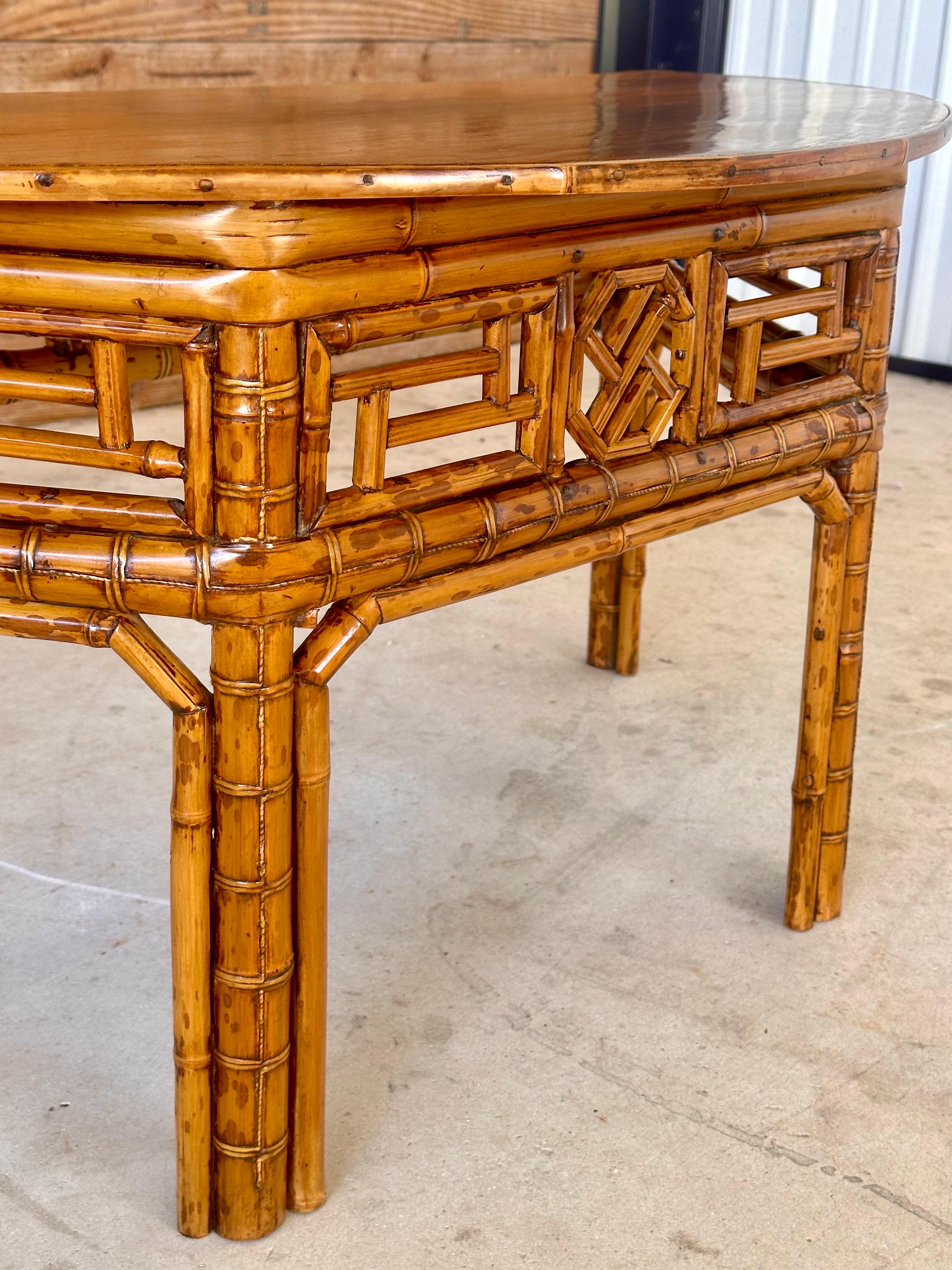 Hand-Crafted Vintage Bamboo Chinese Style Demi-Lune Center Table with Open Fretwork Design For Sale