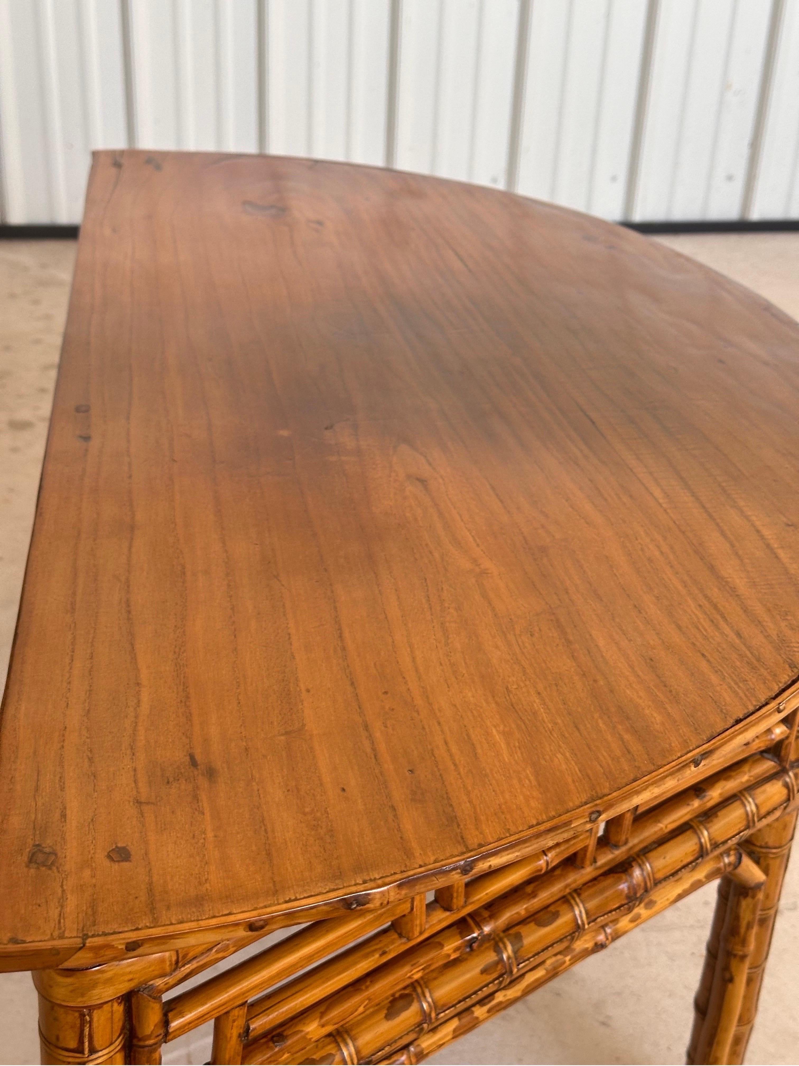 Vintage Bamboo Chinese Style Demi-Lune Center Table with Open Fretwork Design For Sale 1