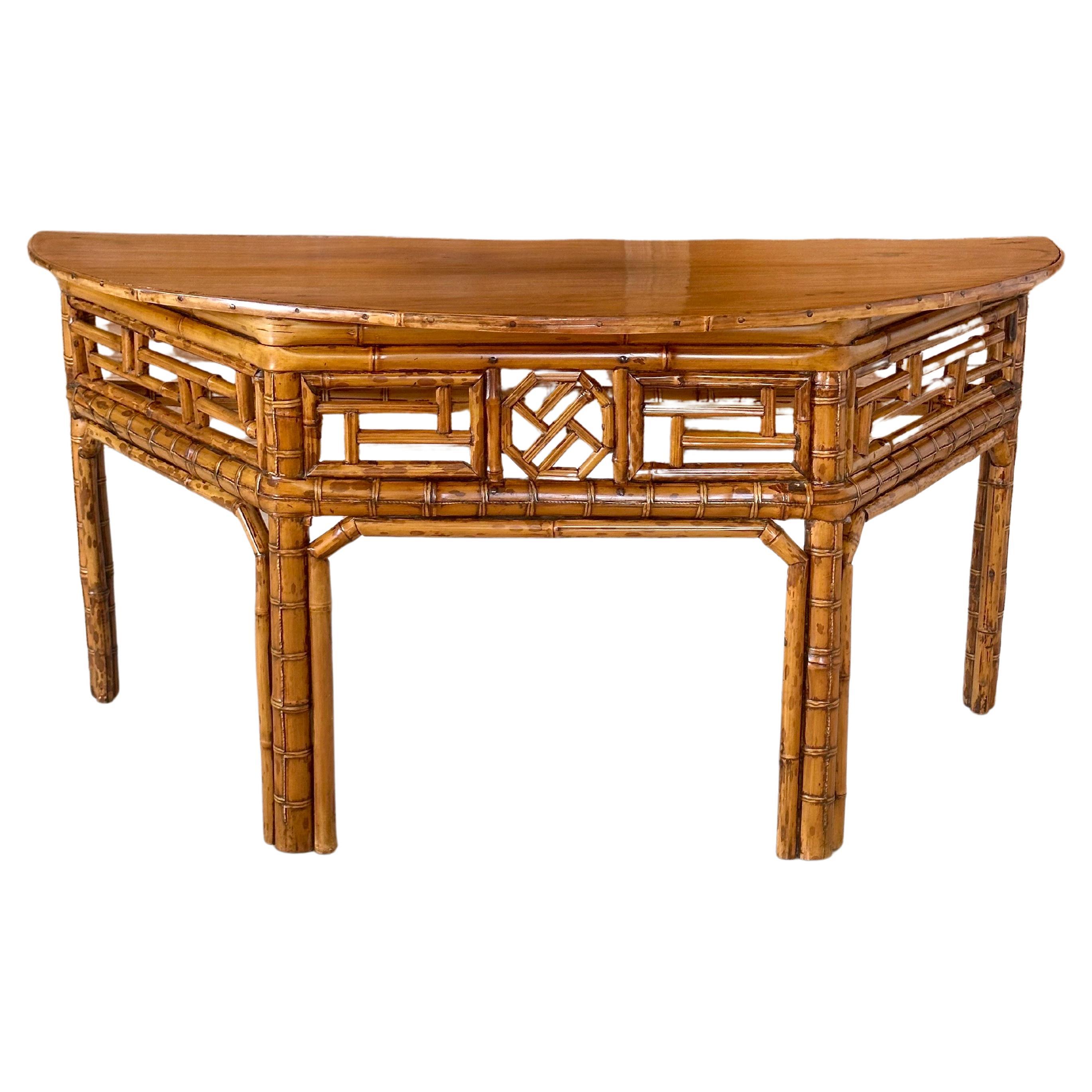 Vintage Bamboo Chinese Style Demi-Lune Center Table with Open Fretwork Design For Sale