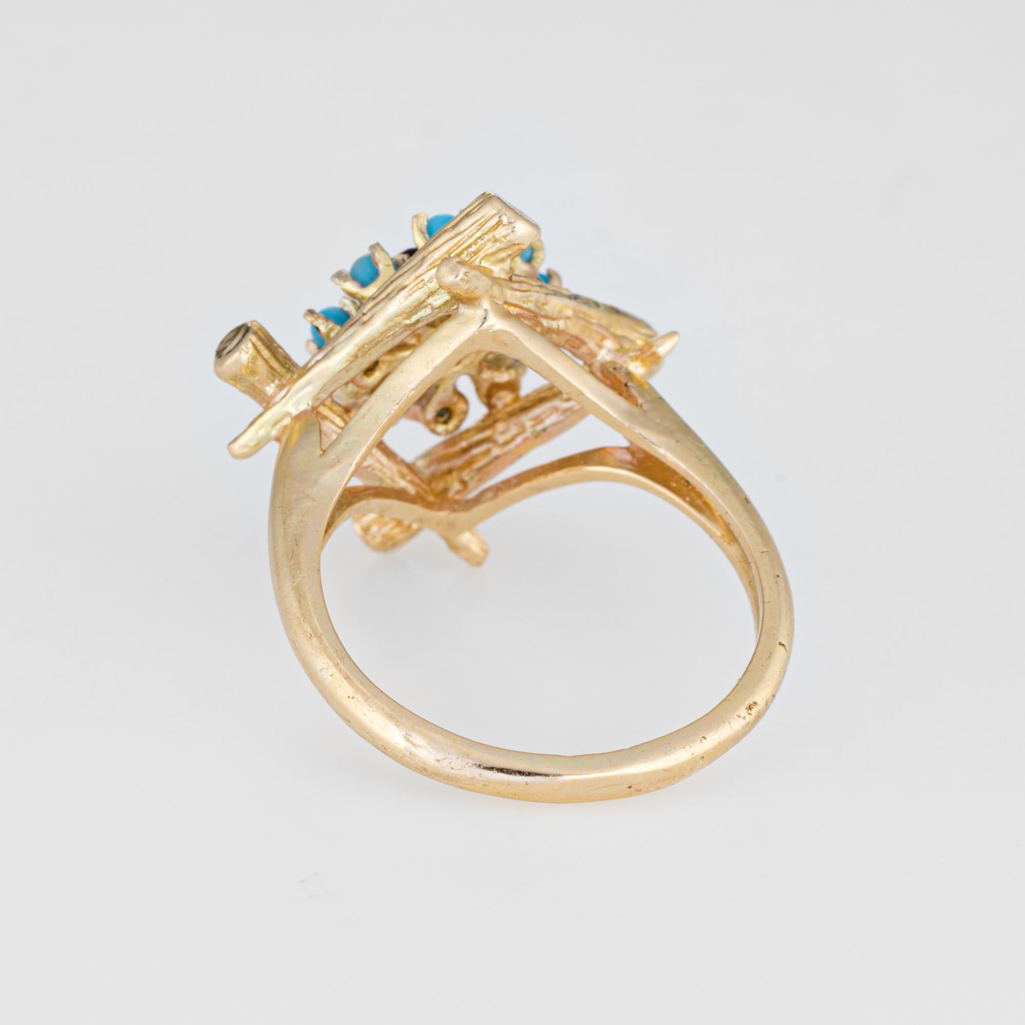 Modern Vintage Bamboo Cocktail Ring Turquoise Garnet 14 Karat Gold Estate Jewelry